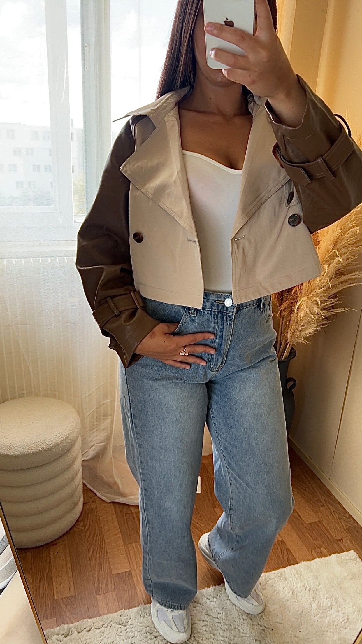 Trench court bicolore & bi matière | Beige & Marron