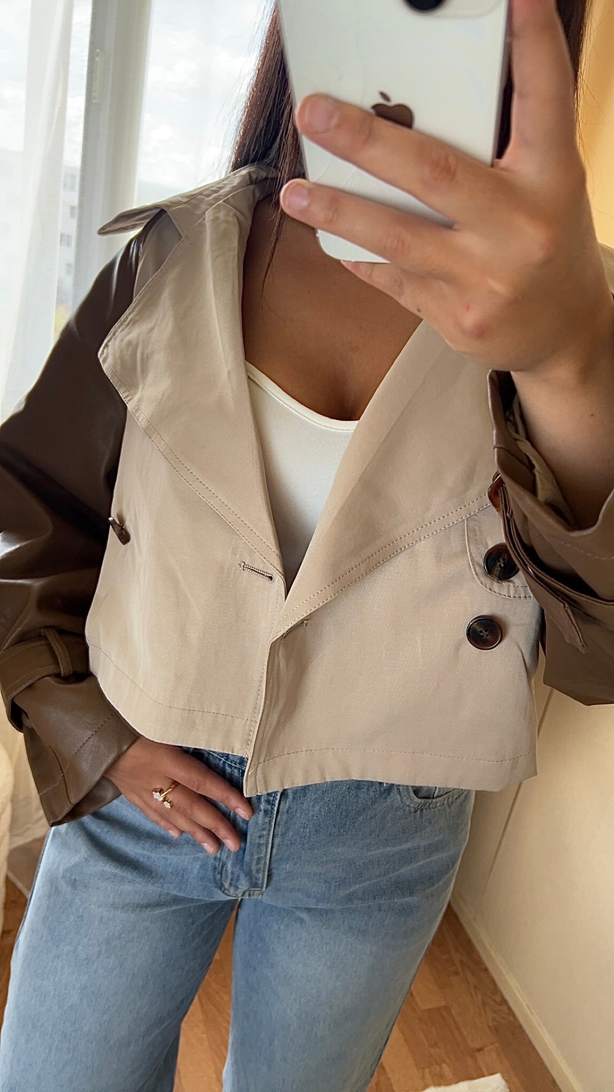 Trench court bicolore & bi matière | Beige & Marron