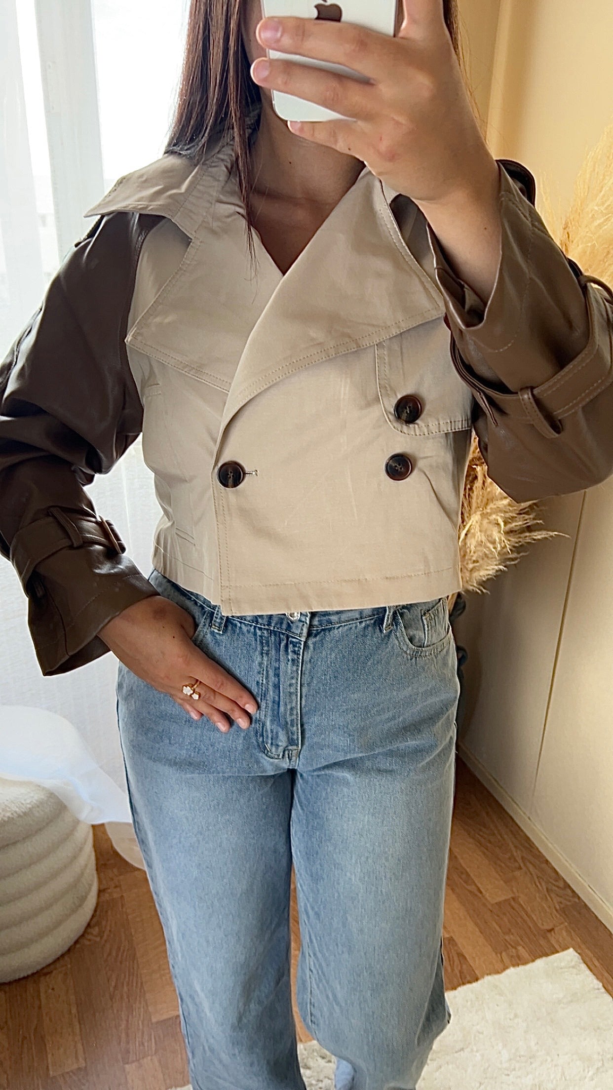 Trench court bicolore & bi matière | Beige & Marron