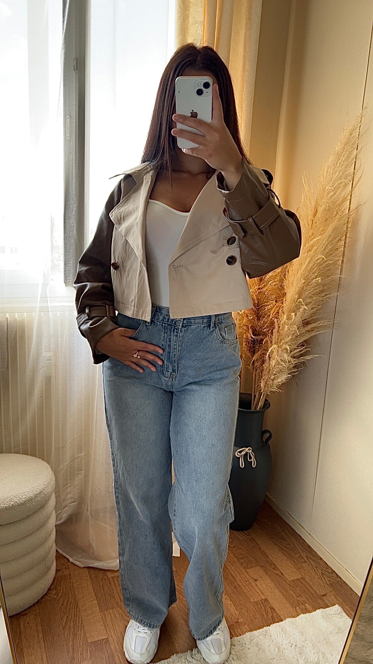 Trench court bicolore & bi matière | Beige & Marron