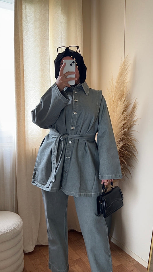 Ensemble en jean ceinturé | Gris
